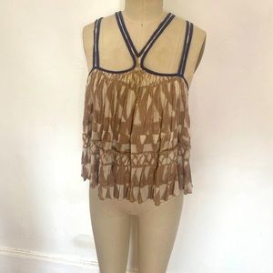 Free people fp one printed cotton/rayon tank with piping and pleating details S
